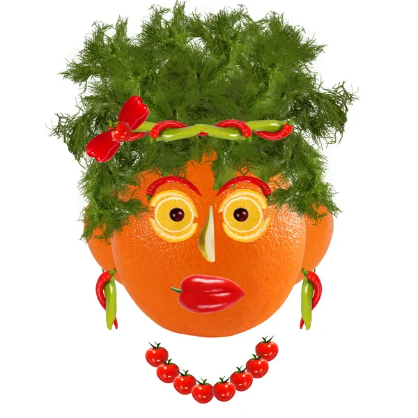 Healthy eating. Funny woman face made from fruits and vegetables — Stock Photo, Image