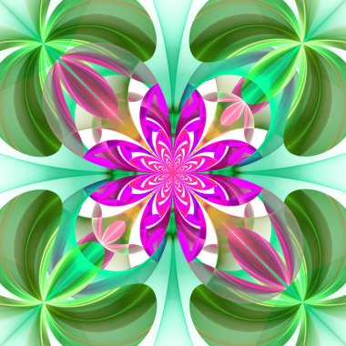 Çiçek yaprakları simetrik desen. Yeşil ve mor palet