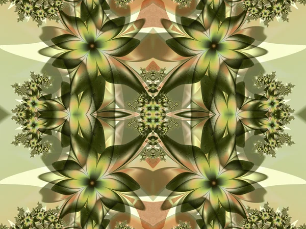 Patrón de flores en diseño fractal. Paleta verde y beige. Compu —  Fotos de Stock