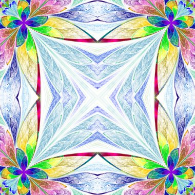 Vitray pencere simetrik çok renkli çiçek deseni 