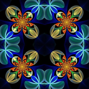 Çiçek yaprakları simetrik desen. Mavi ve turuncu palett