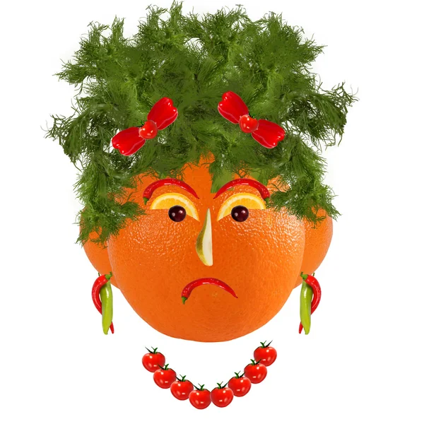 Sunda matvanor. Rolig kvinna ansikte från frukt och grönsaker — Stockfoto