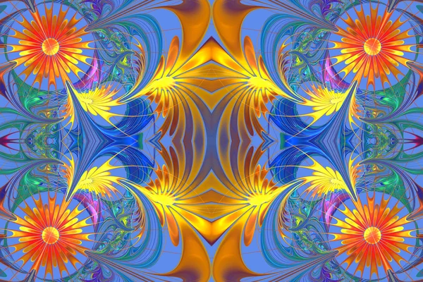 Patrón de flores en diseño fractal. Paleta naranja y azul. Compu — Foto de Stock