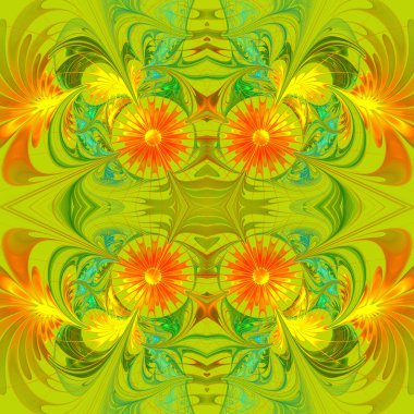 Çiçek deseni. Turuncu ve yeşil palet. Fraktal tasarım. Yüklü