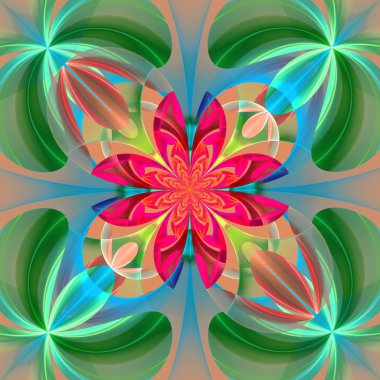 Çiçek yaprakları simetrik desen. Yeşil ve mor palet