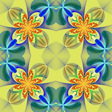 Çiçek yaprakları simetrik desen. Mavi, sarı ve orangutan