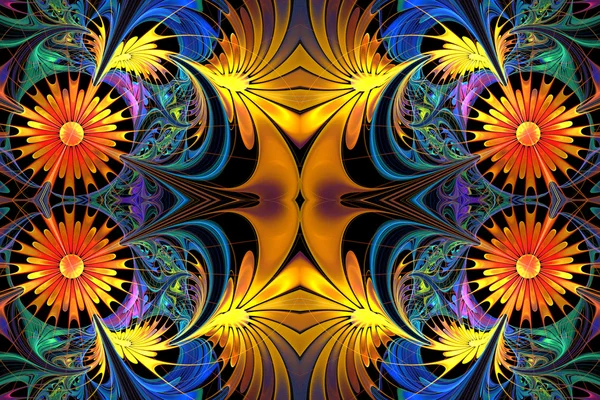 Patrón de flores en diseño fractal. Paleta amarilla y azul. En bl —  Fotos de Stock