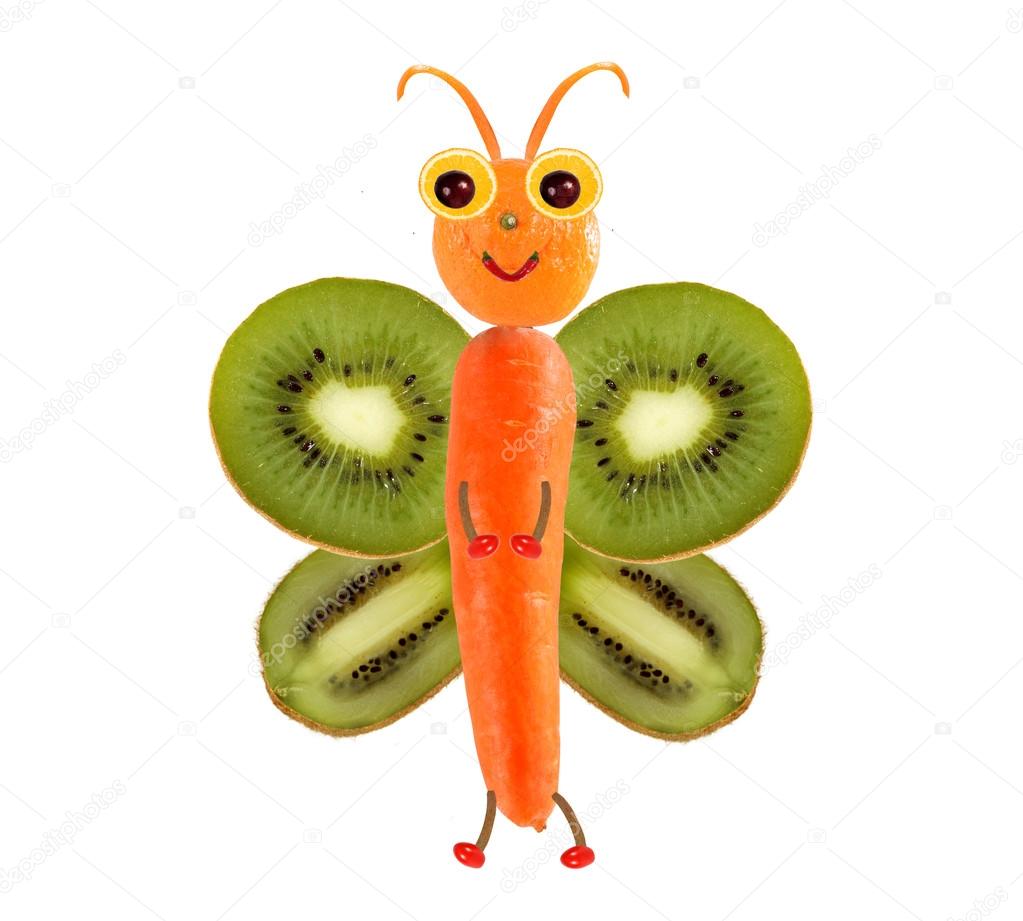 Creative food concept. Funny little butterfly made of fruits and