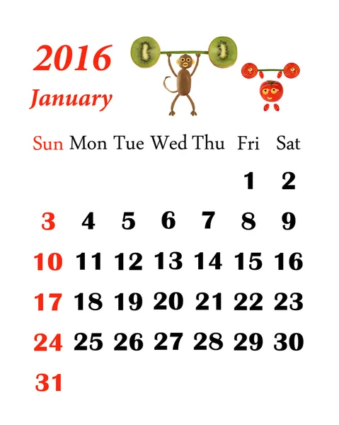 Календарь 2016. Январь. Маленькие смешные люди из овощей и — стоковое фото