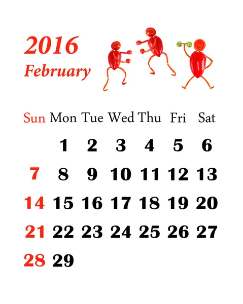 Calendario 2016. Febrero. Pequeñas personas divertidas de verduras y — Foto de Stock