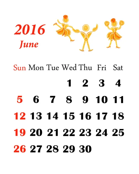 2016 Calendar. June.  Little funny people from vegetables and fr — Stock Photo, Image