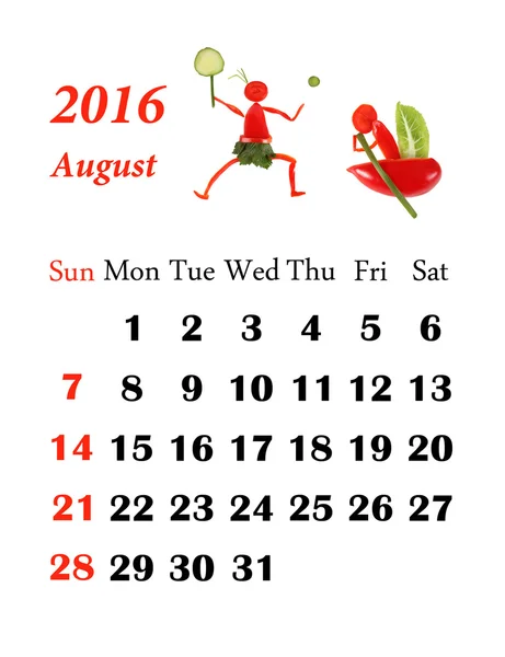 Calendario 2016. Agosto. Pequeña gente divertida de verduras y f — Foto de Stock