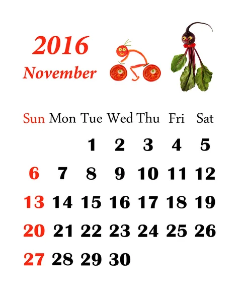 2016 Calendar. November.  Little funny people from vegetables an — Stock Photo, Image