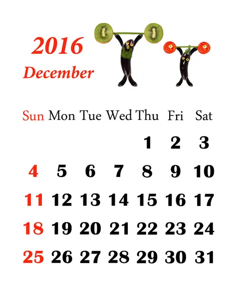 2016 Calendar. Desember. Little funny people from vegetables and — Stock Photo, Image