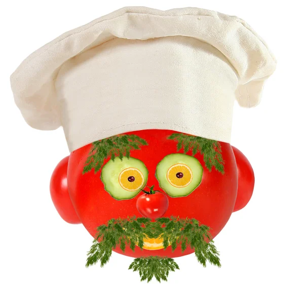 Yaratıcı yiyecekler kavramı. Komik bir aşçı, domates yapılan portresi — Stok fotoğraf