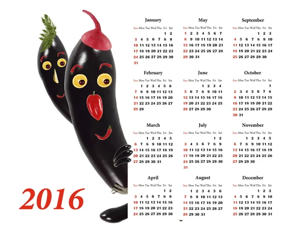 2016 カレンダーです。野菜から 2 つの少し面白いナスと — ストック写真