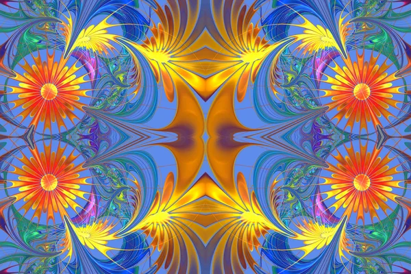 Flower pattern in fractal design. Orange and blue palette. Compu — Stock Photo, Image