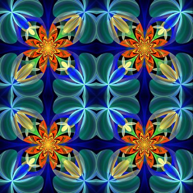 Çiçek yaprakları simetrik desen. Mavi ve turuncu palett