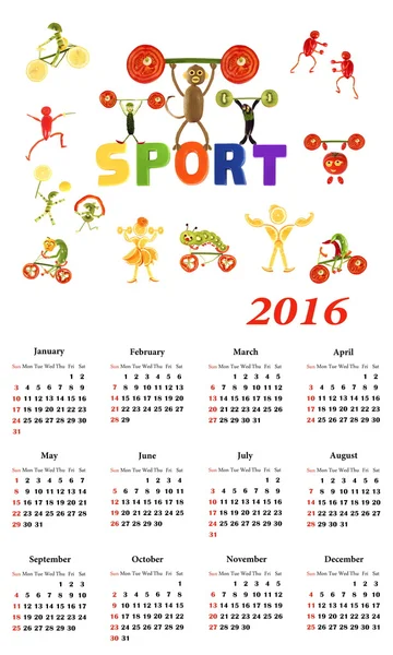 2016 Calendar. Sport.  Little funny people from vegetables and f — Stock Photo, Image