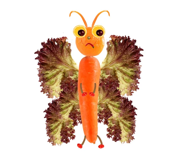 Concepto de comida creativa. Pequeña mariposa divertida hecha de frutas y — Foto de Stock