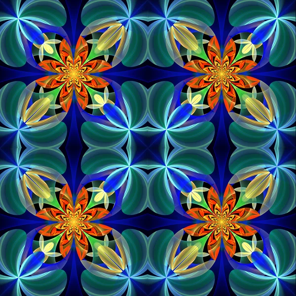 Çiçek yaprakları simetrik desen. Mavi ve turuncu palett