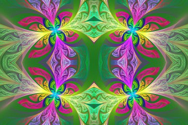 Çok renkli simetrik çiçek deseni vitray pencere içinde