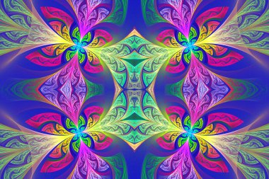 Çok renkli simetrik çiçek deseni vitray pencere içinde