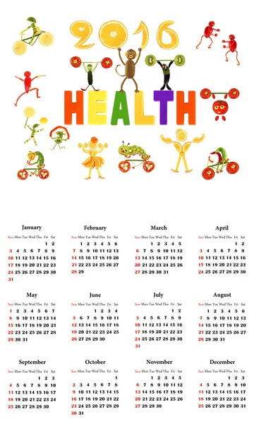Calendario 2016. Salud. Pequeñas personas divertidas de verduras y — Foto de Stock