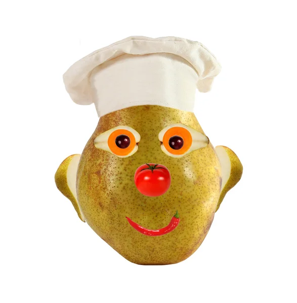 Creative food concept. Funny portrait of a cook, made of pear, f — Stock Photo, Image