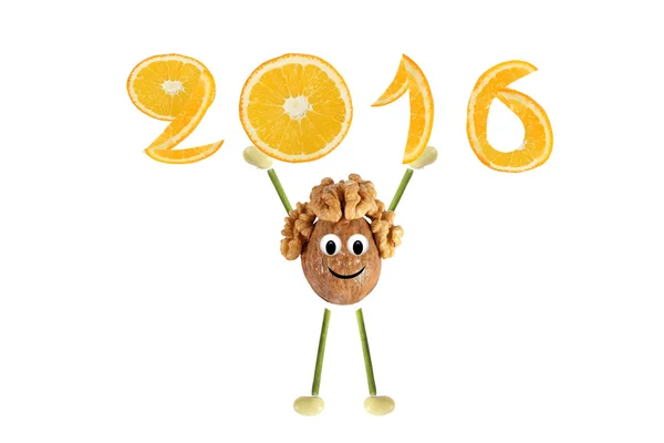 Healthy eating. Funny little  walnut raises 2016. — Stock Photo, Image