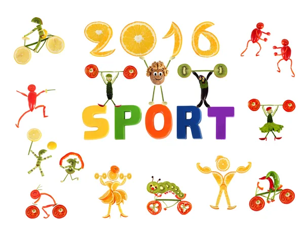 Healthy eating. Little funny vegetables around the word SPORT — Stock Photo, Image