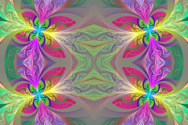 Çok renkli simetrik çiçek deseni vitray pencere içinde