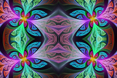 Çok renkli simetrik çiçek deseni vitray pencere içinde