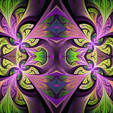 Simetrik çiçek desen vitray pencere stili. Yeşil