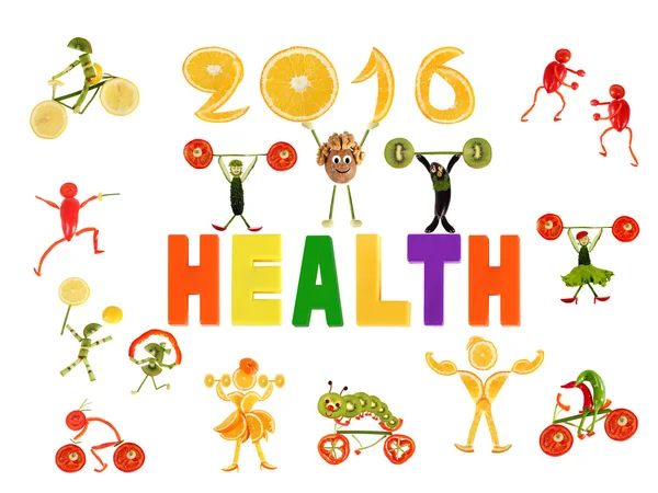 Gezond eten. Weinig grappig groenten rond het woord gezondheid — Stockfoto