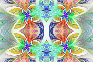 Çok renkli simetrik çiçek deseni vitray pencere içinde