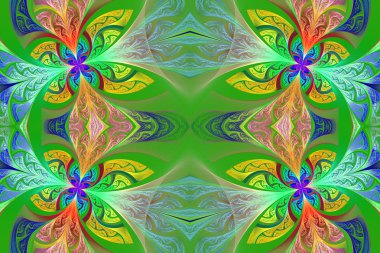 Çok renkli simetrik çiçek deseni vitray pencere içinde