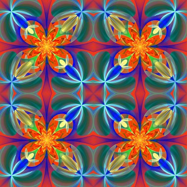 Çiçek yaprakları simetrik desen. Mavi ve turuncu palet. Oluşturulan bilgisayar grafikleri.