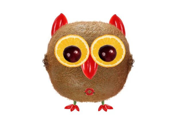 Kreativ mat koncept. Little Owl från kiwi och apelsin — Stockfoto