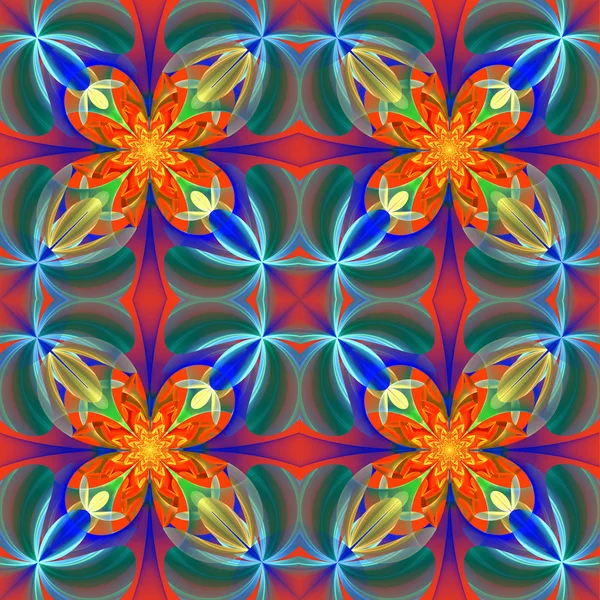 Symetryczny wzór płatki kwiatów. Paleta niebieski i pomarańczowy. Grafika komputerowa generowane. — Zdjęcie stockowe