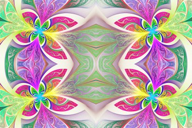 Çok renkli simetrik çiçek deseni vitray pencere içinde 