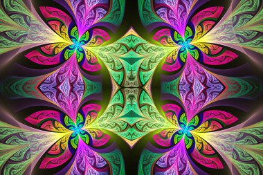 Çok renkli simetrik çiçek deseni vitray pencere içinde 