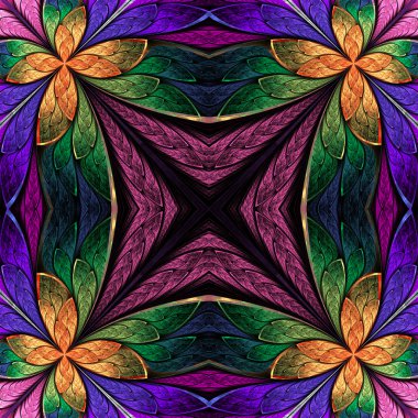 Vitray pencere stili kara günü simetrik çiçek deseni