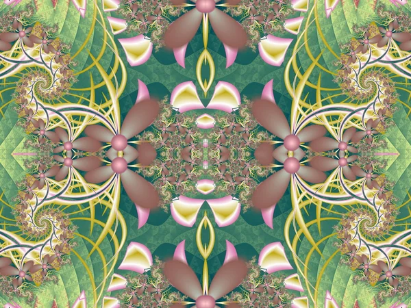 Kwiatki w fractal design. Palety zielony i różowy. Komput — Zdjęcie stockowe