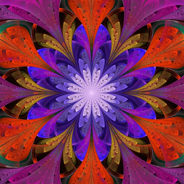 Multicolored symmetrical fractal flower in stained-glass window — Stock Photo, Image