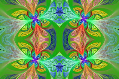 Çok renkli simetrik çiçek deseni vitray pencere içinde 