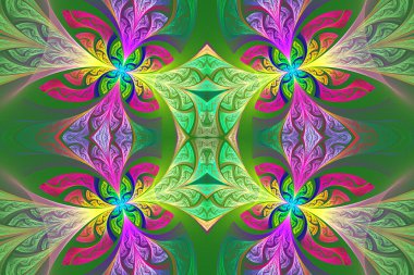 Çok renkli simetrik çiçek deseni vitray pencere içinde 