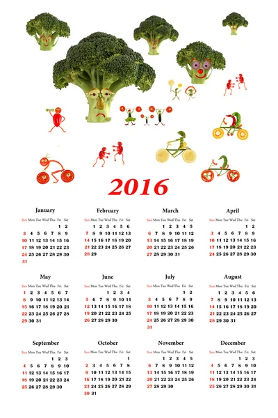 Calendario 2016. Pequeñas personas divertidas de verduras y frutas . — Foto de Stock