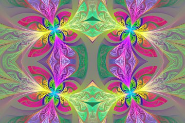 Çok renkli simetrik çiçek deseni vitray pencere içinde 