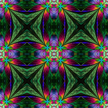 Vitray pencere simetrik çok renkli çiçek deseni 